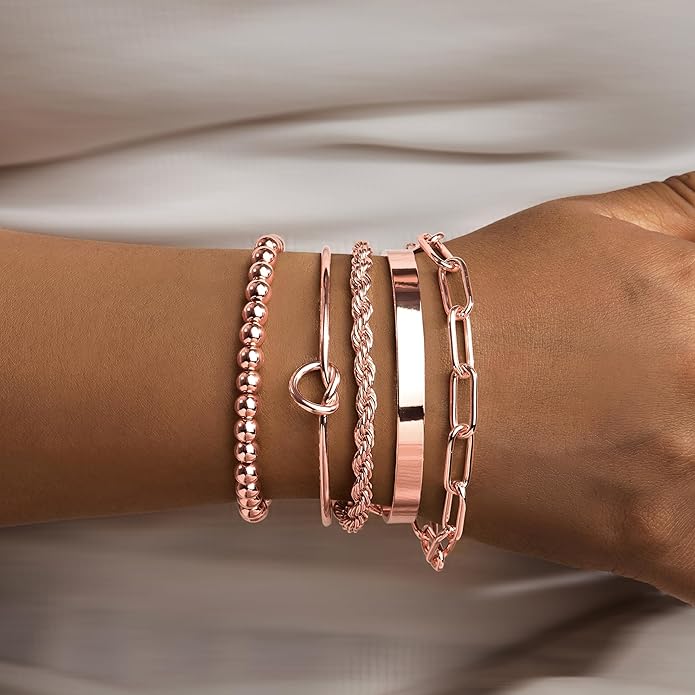 Gold Bracelets Set for Women Non Tarnish, 14K Gold Plated Sterling Silver Chunky Cuff Bracelet Stackable Gold Bangles Bracelet for Women Trendy Fashion Accessories Tie Knot Cuban Rope Paperclip Beaded Bracelet Stack Jewelry Valentines Day Gifts