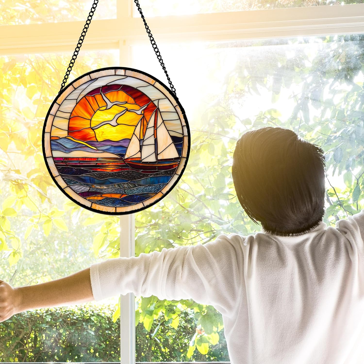 Stained Glass Window Hanging, Sun Ocean Sailboat Seagull Abstract Suncatcher Diamond Glass Panel Sun Catchers Decor for Birthday for Women, Men, Wife, Aunt, and Mom 9.8 in-VerdiqueGarden