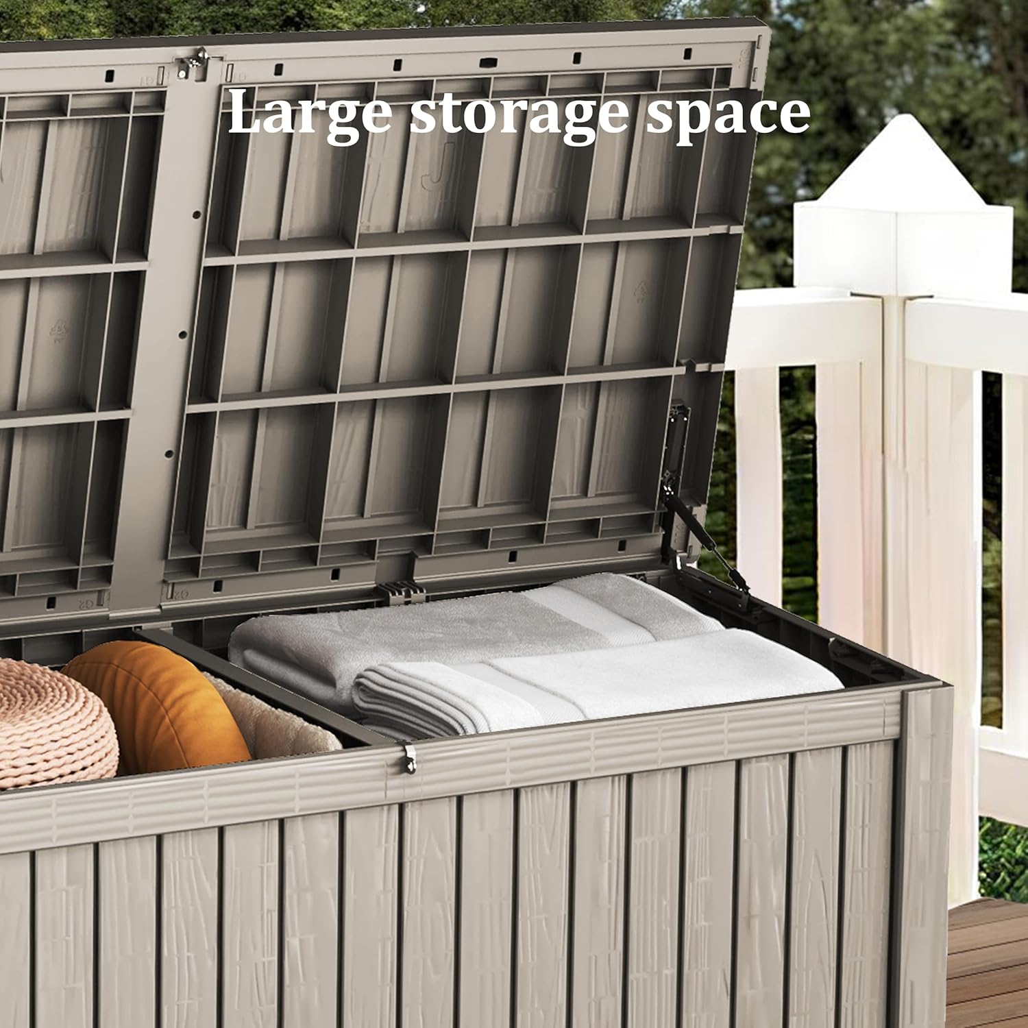 200 Gallon Coffee Resin Deck Box - Rustic Wood-Look, Waterproof & Lockable Outdoor Storage for Garden Tools, Patio Essentials - All-Weather Container for Farmhouse Decks, Backyards-VerdiqueGarden