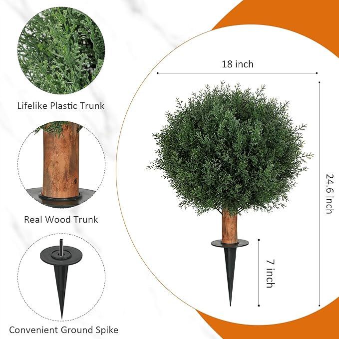 Artificial Cedar Topiary Ball Trees with Ground Spike Set of 2, 24.6 inch UV-Resistant Faux Shrubs for Indoor/Outdoor Decor – Fake Cypress Perfect for Garden, Porch, and Patio-VerdiqueGarden