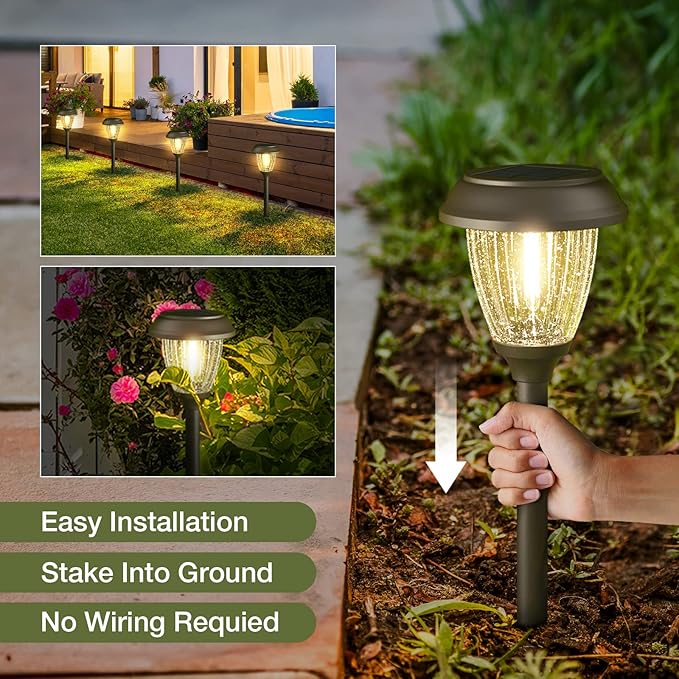 XMCOSY+ Solar Lights Outdoor 10/25 LM LED with 2 Lighting Modes, Solar Garden Lights Glass and Metal, IP65 Waterproof Solar Powered for Yard Pathway Walkway Driveway Patio (6 Pack, Warm White)-VerdiqueGarden