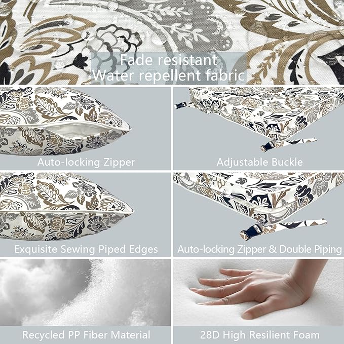 LVTXIII Outdoor Deep Seat Cushion Patio Seat and Back Cushion Set Seasonal Chair Cushion with Removable Cover and Adjustable Buckle for Home and Garden, 24"x24"x4", Dailey Tan-VerdiqueGarden