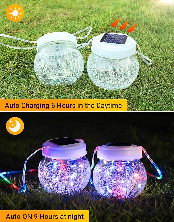 Solar Lantern Solar Lights Outdoor Waterproof 2-Pack, Solar Powered Hanging Lights Cracked Glass Hanging Globes for Christmas Decoration, Shepherd Hook, Garden Tree Ornaments,White Cap, Multi-Color-VerdiqueGarden