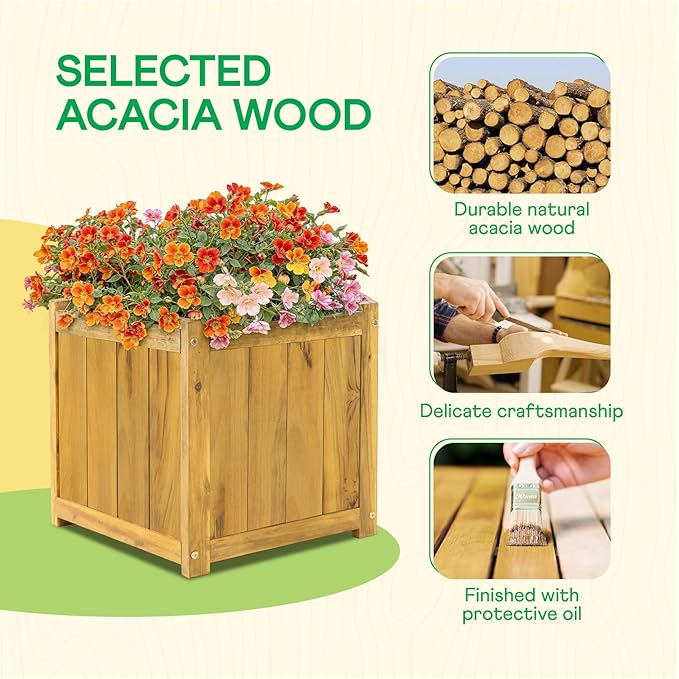 IDZO Acacia Wood Flower Planter Box for Outdoor Plants, 1pc Wooden Raised Garden Bed with Handles, Drainage Holes, Ideal for Garden and Home Décor, Golden Teak-VerdiqueGarden