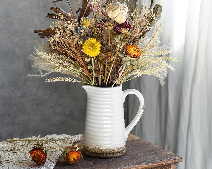 Quoowiit Ceramic Rustic Vase with Handle, White Distressed Decorative Farmhouse Pitcher Vase for Home Decor Living Room Bedroom Kitchen Office Shelf Decor Centerpiece Table Decoration-VerdiqueGarden