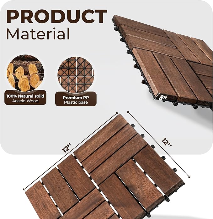 Pack of 10 Deck Tiles - 12"x12" Interlocking Natural Solid Acacia Wood for Outdoor & Indoor, Patio Garden, Balcony, Poolside - Dark Brown Color-VerdiqueGarden