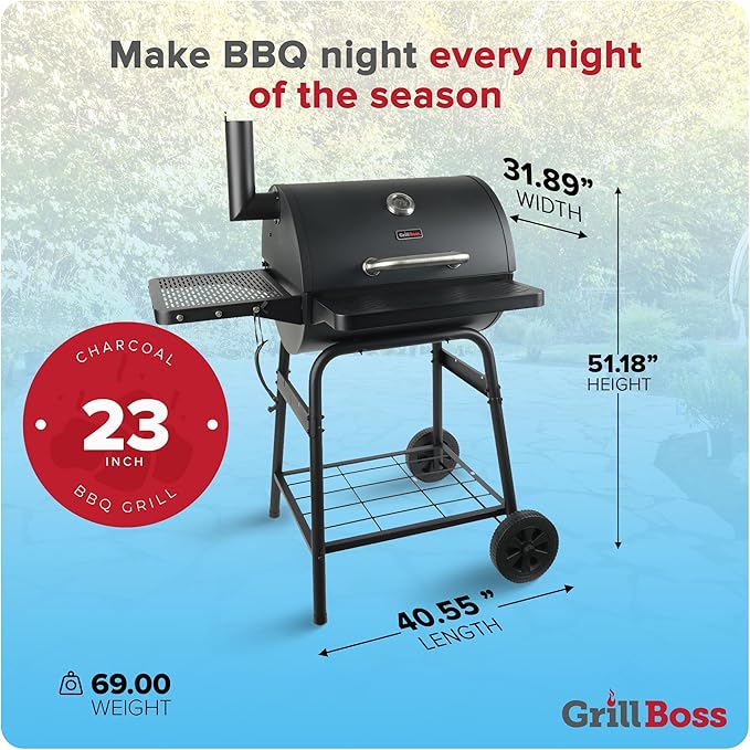 Grill Boss 23 Inch Charcoal Barrel Grill with Adjustable Grate, Large Cooking Area, Black-VerdiqueGarden