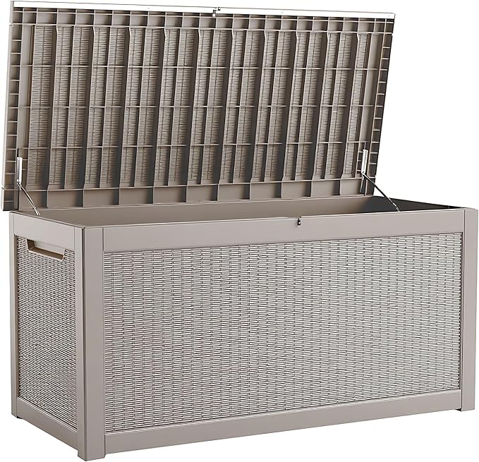 260 Gallon Storage Box, Waterproof Resin Deck Box with Steel Support & Hydraulic Rod, Lockable Storage Bench for Indoor & Outdoor Use, Storage Bin for Patio Cushions, Garden Tools, Grey-VerdiqueGarden