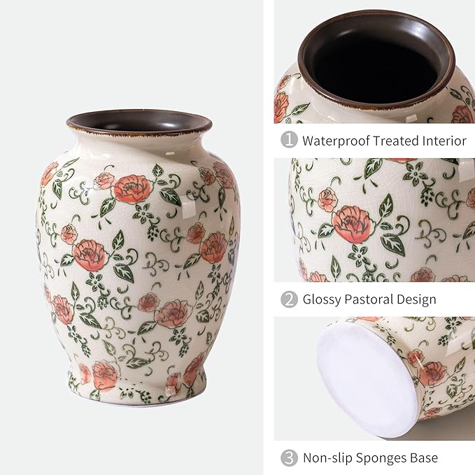 Green and Beige Vintage Round Vase, Red Rose Chinoiserie Floral Vase, Antique Decorative Ceramic Flower Vases for Bouquet, Home Decor, Living Room, Bookshelf, Office, Cottage Core Home Decor 8 Inch-VerdiqueGarden