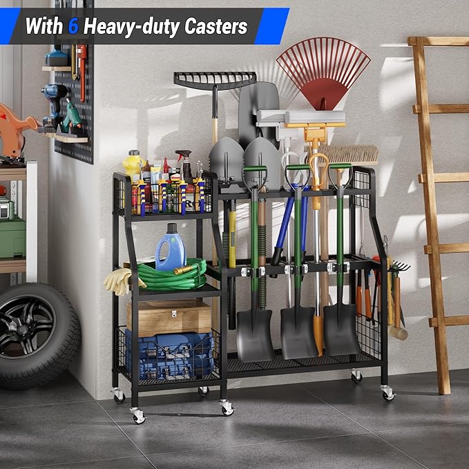 keomaisyto Garden Tool Organizer with 6 Wheels(3 lockable), Heavy Duty Yard Tool organizer with 2 Basket, Large Metal Garage Tool Organization and Storage for Garage/Shed/Yard/Broom Closet/Lawn-VerdiqueGarden