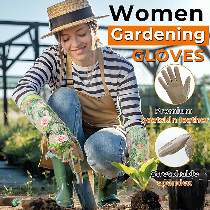 HANDLANDY Leather Gardening Gloves for Women, Thorn Proof Breathable Ladies Rose Pruning Garden Gauntlet Yard Gloves, Gift for Gardeners (Khaki, S)-VerdiqueGarden
