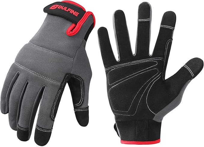 DULFINE Flex Grip Mechanic Work Gloves for Men,Black and Red Utility Safety Working Gloves Touch Screen,Excellent Grip,Ideal for Working on Cars and Outdoor Jobs(Medium)-VerdiqueGarden