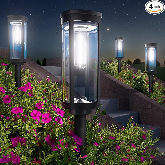 Solar Pathway Lights Outdoor, 4 Pack Bright Solar Powered Garden Lights Waterproof IP65, Long Lasting Outdoor Light for Yard Garden Walkway Landscape Lawn Patio (Cool White, 4 Pack)-VerdiqueGarden