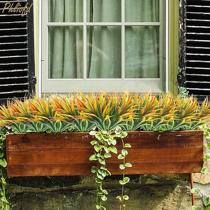 6Pcs Artificial Grass Fake Plants 17.3in Outdoor Plastic Plants UV Resistant Greenery Fake Grass for Home Window Garden Office Patio Hanging Planter Pathway Front Porch Décor Orange Yellow-VerdiqueGarden