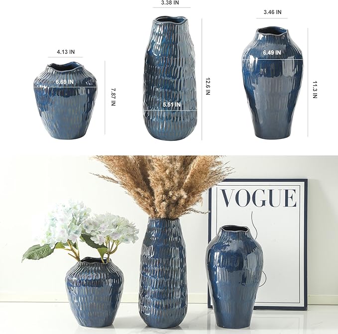 Blue Ceramic Vase for Home Decor, 12.6 Inch Tall Flower Vase with Modern Textured Finish,Decorative Floor Vase for Pampas Grass, Entryway, Living Room, Dining Table, Farmhouse or Office-VerdiqueGarden
