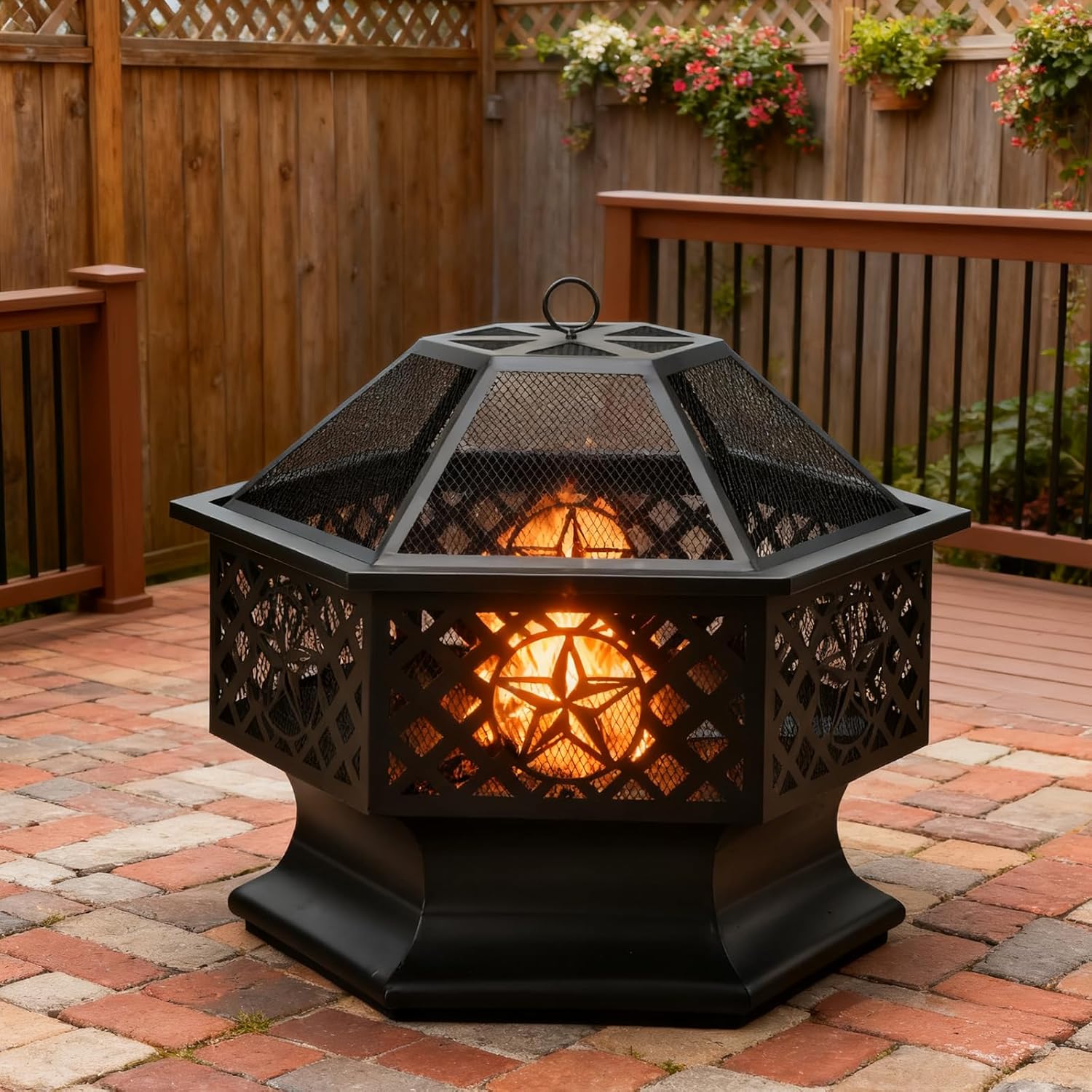 28 Inch Hexagonal Fire Pit,Wood Burning Firepits for Outside with Spark Screen&Poker,Metal Hex-Shaped Outdoor Fire Pit for Outside,Backyard,Bonfire,Patio,Garden,Picnic and Camping（Black）-VerdiqueGarden
