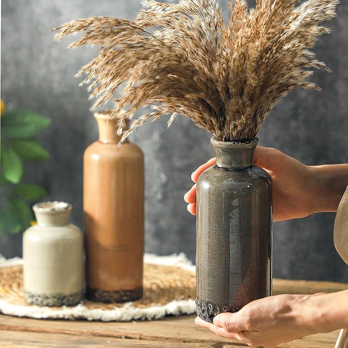 Ceramic Vase Set of 3, Neutral Flower Vases Home Decor, Pottery Rustic Farmhouse Decorative Vases Modern Decor for Table Mantel Entryway Bookshelf Living Room Kitchen Bedroom - Brown-VerdiqueGarden