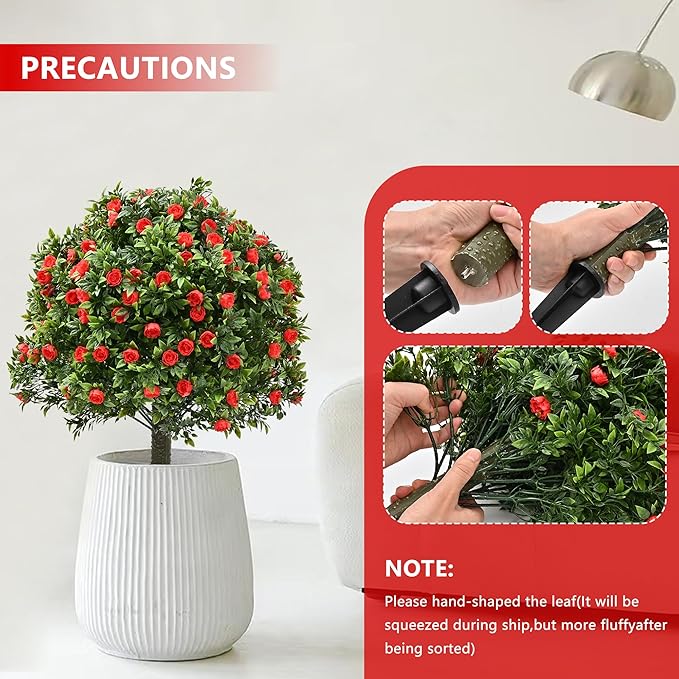 28" Artificial Boxwood Topiary Tree with Rose, Set of 2 Artificial Shrub Bushes with Ground Spike, Fake Evergreen Tree for Porch, Artificial Plants for Outdoor Planters Indoor UV Resistant-VerdiqueGarden