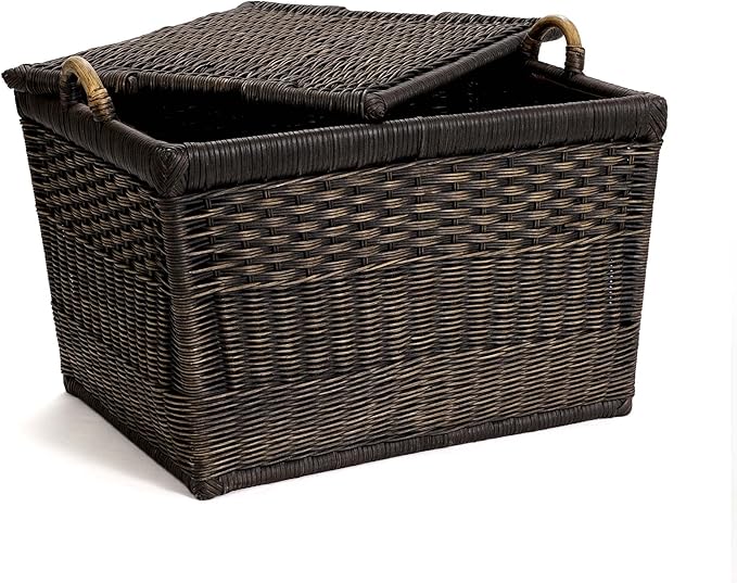 The Basket Lady Lift-Off Lid Wicker Storage Basket, Medium, 20 in L x 15 in W x 14 in H, Antique Walnut Brown-VerdiqueGarden