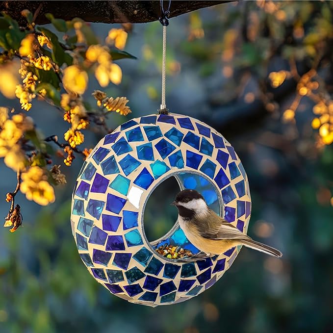 Sunnydaze 6-Inch Glass Mosaic Hanging Bird Feeder for Outdoors - Fly-Through Wild Bird Feeder - Blue Mosaic-VerdiqueGarden