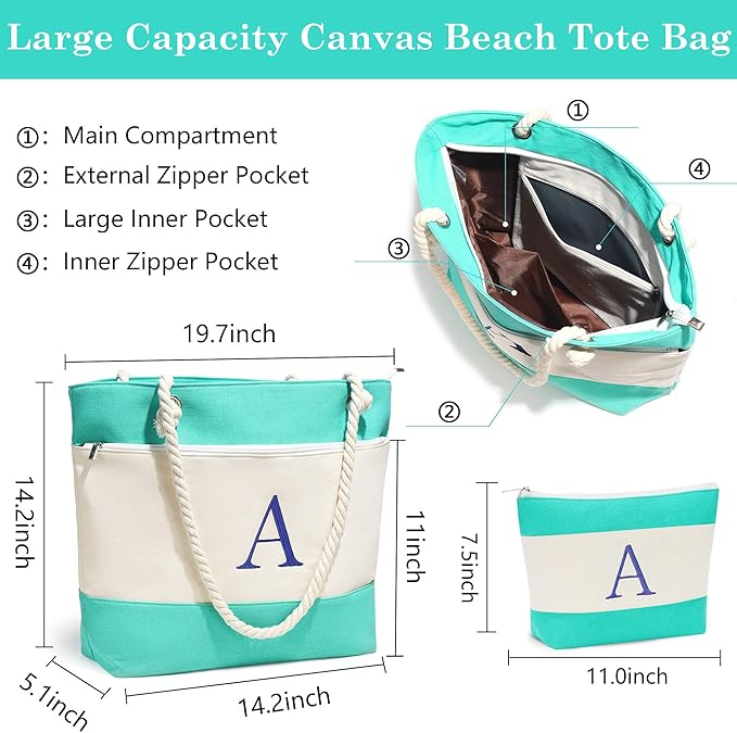 YOOLIFE Beach Bags for Women - Initial Tote Waterproof Bag with Makeup Bag, Mothers Day Gifts for Women Mom Friend Birthday-VerdiqueGarden
