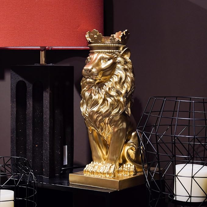 Gold Room Décor Lion Statue – 15 Inch Gold Statue Lion Figurine House Decorations with Crown Lion Statues Home Décor Lion Decoration Décor for Living Room Gold Décor 8.5 * 5.5 * 15 Inch-VerdiqueGarden