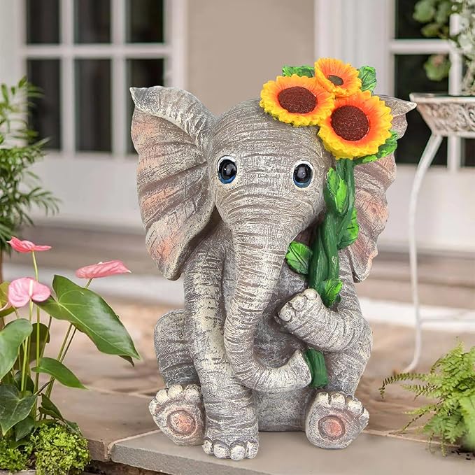 Outdoor Sculpture Figurine Statue Elephant Decor,Solar Garden Statues for Patio Home Yard Decor,Good Luck Sunflower Elephant for Women, Mom Gifts Housewarming Gift-VerdiqueGarden