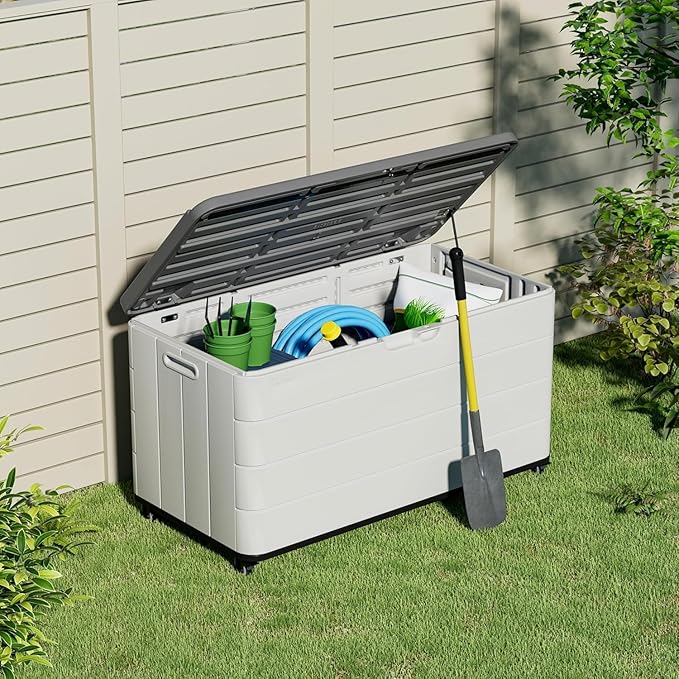 100GAL White Resin Deck Box with Wheels – Lockable, Waterproof, SGS-Tested UV Resistance, Spacious Outdoor Storage for Patio Cushions & Pool Gear, Easy Assembly-VerdiqueGarden