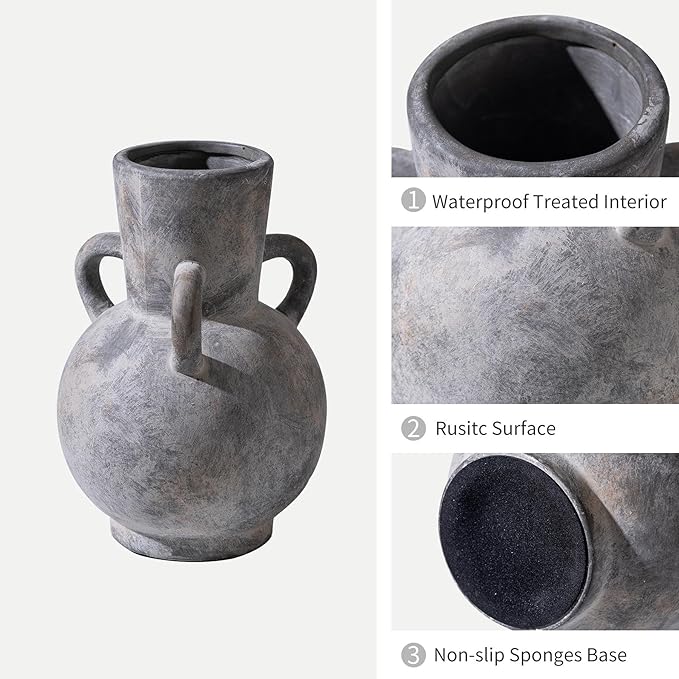 Rustic Grey Terracotta Ceramic Vase with Handles, Vintage Pottery Floral Vases, Cottage Core for Home Decor Table Centerpiece, Large Flower Vase for Bouquets Table Mantel Bedroon Bathroom 8.5 Inch-VerdiqueGarden