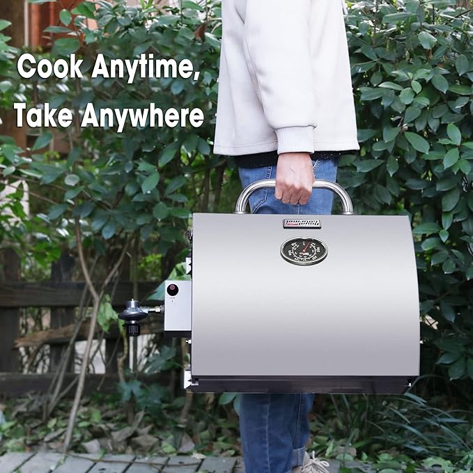 Royal Gourmet GT1001 Stainless Steel Portable Grill, 10000 BTU BBQ Tabletop Gas Grill with Folding Legs and Lockable Lid, Outdoor Camping, Deck and Tailgating, Silver-VerdiqueGarden