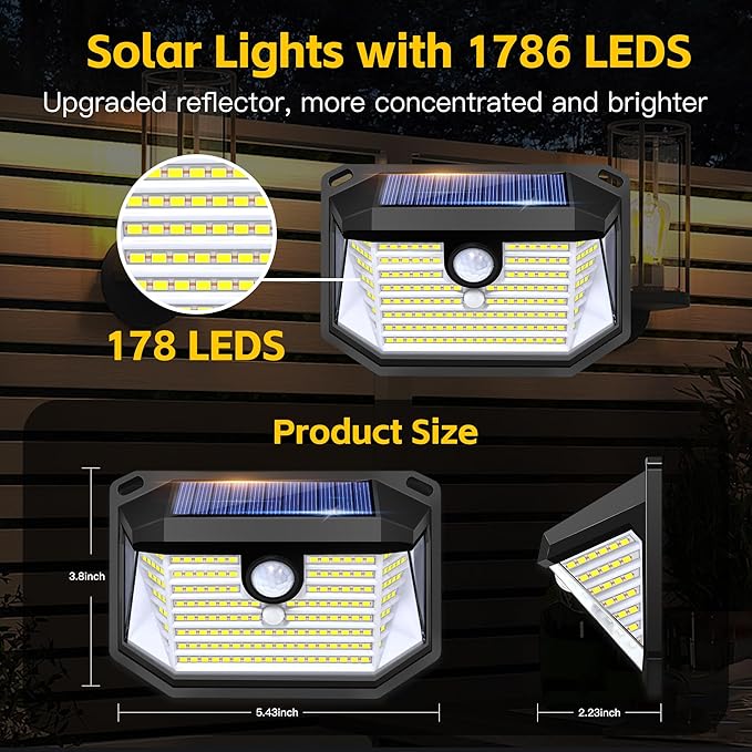 Solar Lights Outdoor Motion Sensor, 178 LED 300LM Waterproof IP65, Wall Mounted Security Light with 3 Modes, 270° Wide AngleWide Angle, Solar Powered for Garden, Yard, Patio, Front Door(8Pack)-VerdiqueGarden