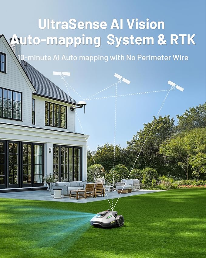 YUKA Mini 700H Robot Lawn Mower, Reception 0.17 Acre, Max.0.27 Acre, Ultrasense AI Vision+ RTK Positioning, Auto Mapping, App Control, 50% Slope, Cutting Height 2''~3.5'', 15 Mowing Zones-VerdiqueGarden