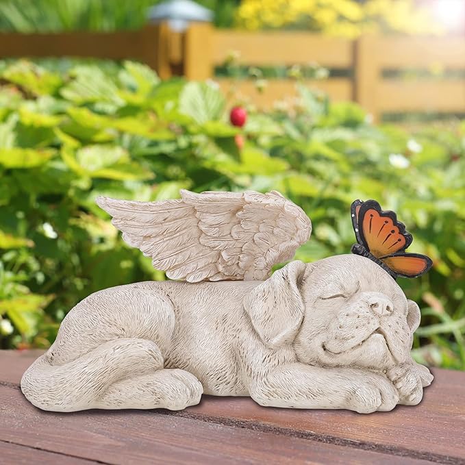 WONDER GARDEN Sleeping Dog Angel Statue with Solar Light - Pet Memorial Stone, in Memory of Dog, Marker Tribute Statues, Resin Guardian Angels, Bereavement Gift-VerdiqueGarden
