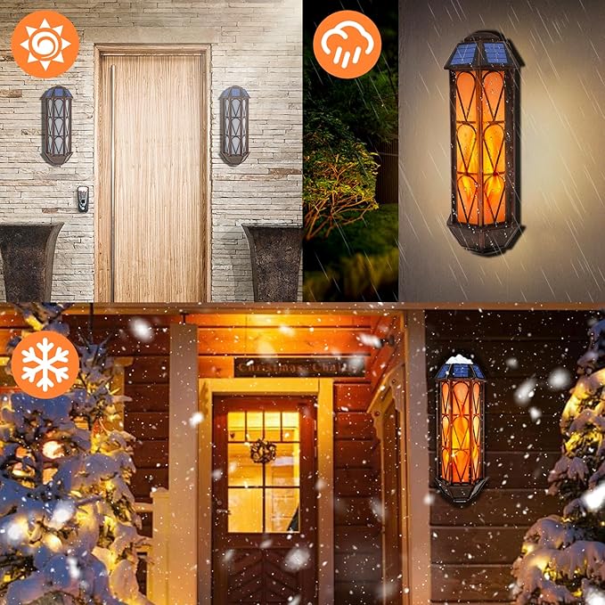 Solar Flame Lights Outdoor, Upgraded 74 LED Flickering Flame Lights, Solar Powered Auto On/Off, Outdoor Waterproof Wall Lanterns for House Garage Doorway Garden Porch Patio Yard Decoration (2 Pack)-VerdiqueGarden