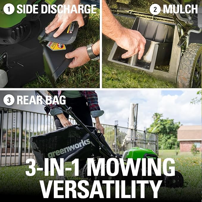 Greenworks 40V 21" Self-Propelled Lawn Mower,Axial Leaf Blower(500 CFM / 120 MPH),13" String Trimmer, 160 PSI Portable Tire Inflator, Includes 2 Batteries(5Ah+2Ah) & Chargers-VerdiqueGarden