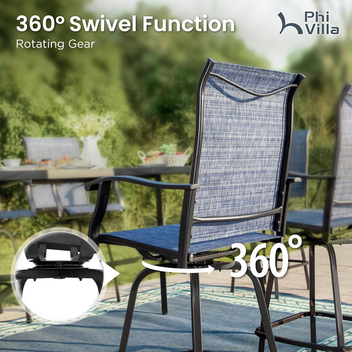 PHI VILLA 3Pcs Outdoor Swivel Bar Stools Set, Bar Height Patio Table and Chairs with All Weather Textilene Fabric, Pub Bar Bistro Tall Furniture Set for Outdoor, Blue-VerdiqueGarden
