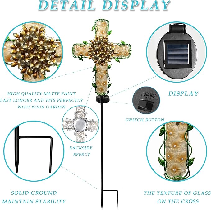38inch Solar Cross Garden Lights Outdoor Decorative - Solar Metal&Glass Cross Apricot Hydrangea Flower Stake Lights- Waterproof 20 White LED for Remembrance Gifts & Sympathy Gifts-VerdiqueGarden