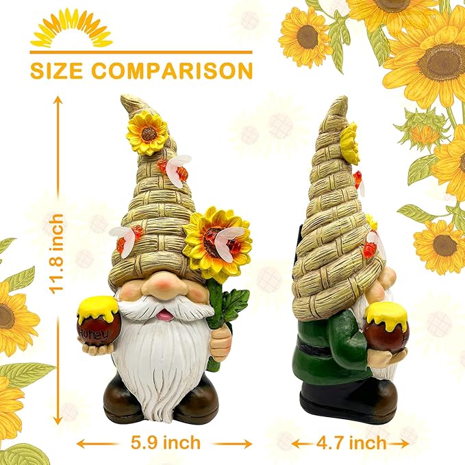 Uniboho Garden Gnome Statue Outdoor Garden Decor Large Resin Sunflower Gnome Holding Honey Jar with Solar Bee Lights for Garden Yard Decorations Patio Lawn Outside Porch Lawn Decor Gnomes Gifts 12"-VerdiqueGarden