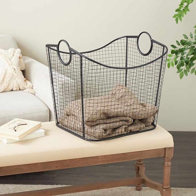 Deco 79 Metal Decorative and Functional Storage Basket Deep Basket Organizer with Round Handles, Basket for Storage 20" x 18" x 20", Black-VerdiqueGarden