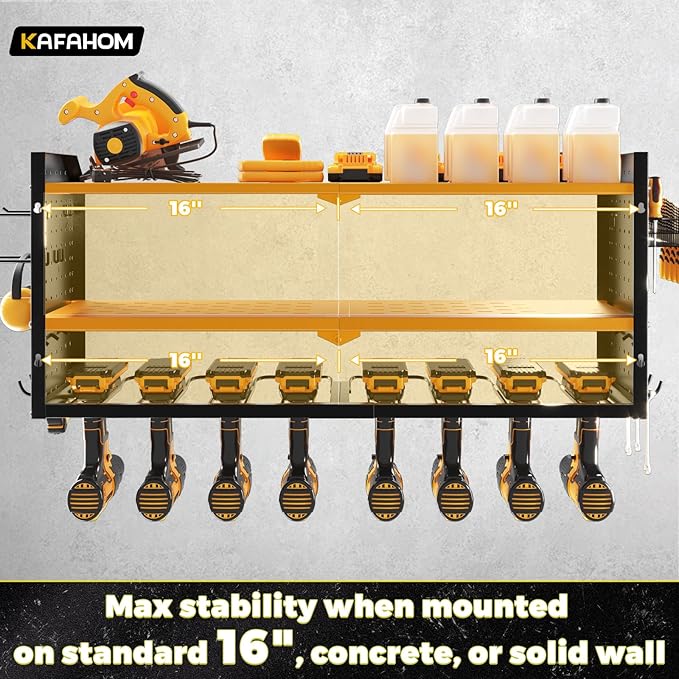 KAFAHOM Power Tool Organizer with Charging Station, Built in 8 Outlet Power Strip,Large 8 Drill Holder Wall Mount, Heavy Duty Metal Power Tool Storage Rack Tool Shelf for Garage Organization Yellow-VerdiqueGarden