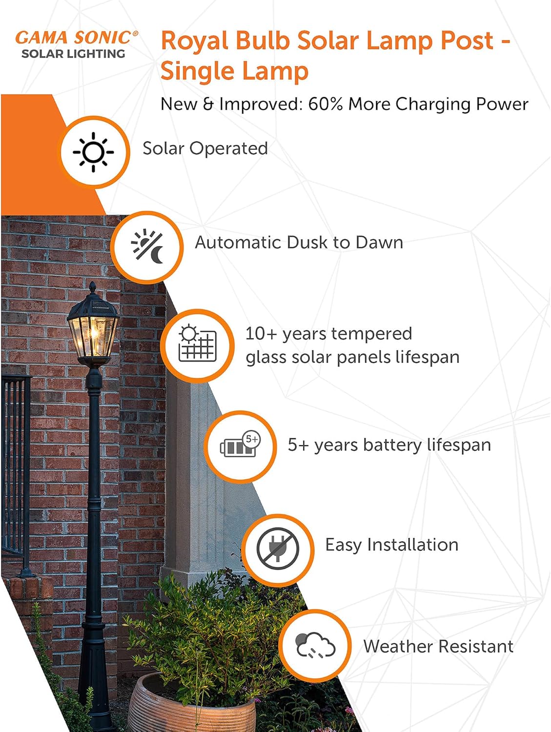 Gama Sonic Solar Outdoor Lamp Post Light, Black Cast Aluminum and Beveled Glass Panels, 10-Year Royal Bulb, Warm White LED with Omni-Direction Reflector, 87-inch Height, 98B001 (Upgraded Panel)-VerdiqueGarden