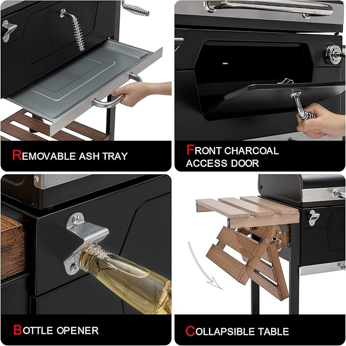 Royal Gourmet CD1824M 24-Inch Charcoal Grill, BBQ Smoker with Handle and Folding Table, Perfect for Outdoor Patio, Garden and Backyard Grilling, Black, Medium-VerdiqueGarden