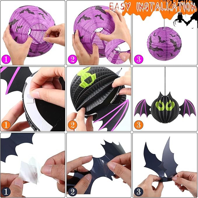 48 Pieces Halloween Decorations Paper Lanterns Pumpkin Skeleton Paper Lanterns 3D Bat Wall Stickers Spider Wall Hanging for Halloween Party Garden Bedroom Cobwebs Indoor Outdoor, 12 Inch and 8 Inch-VerdiqueGarden