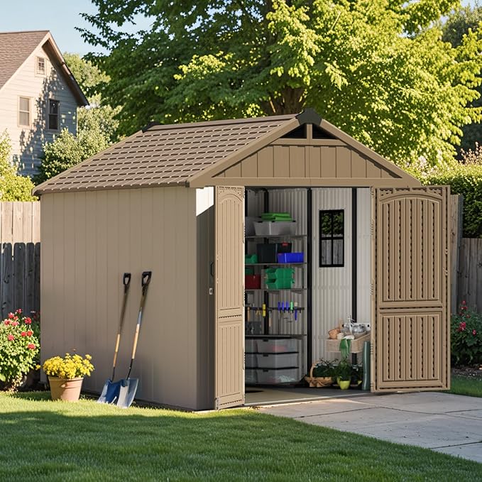 Patiowell 8 x 8 FT Plastic Outdoor Storage Shed with Floor, Resin Shed with Window and Lockable Door for Garden, Backyard, Tool Storage Use, Easy to Install in Brown (Kick-it Shed)-VerdiqueGarden