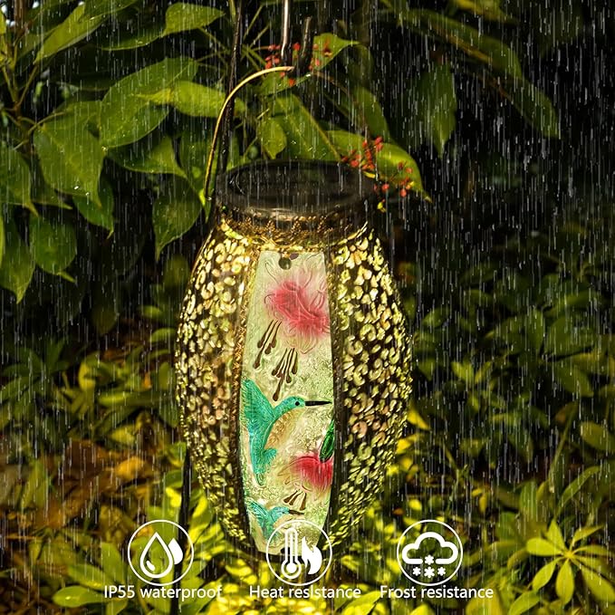Solar Lanterns Outdoor Hanging Light - Solar Powered Hummingbird Glass LED Lights Decorative Waterproof Tabletop Lamp with Hollowed-Out Design for Indoor Yard Table Patio Garden Pathway Holiday-VerdiqueGarden