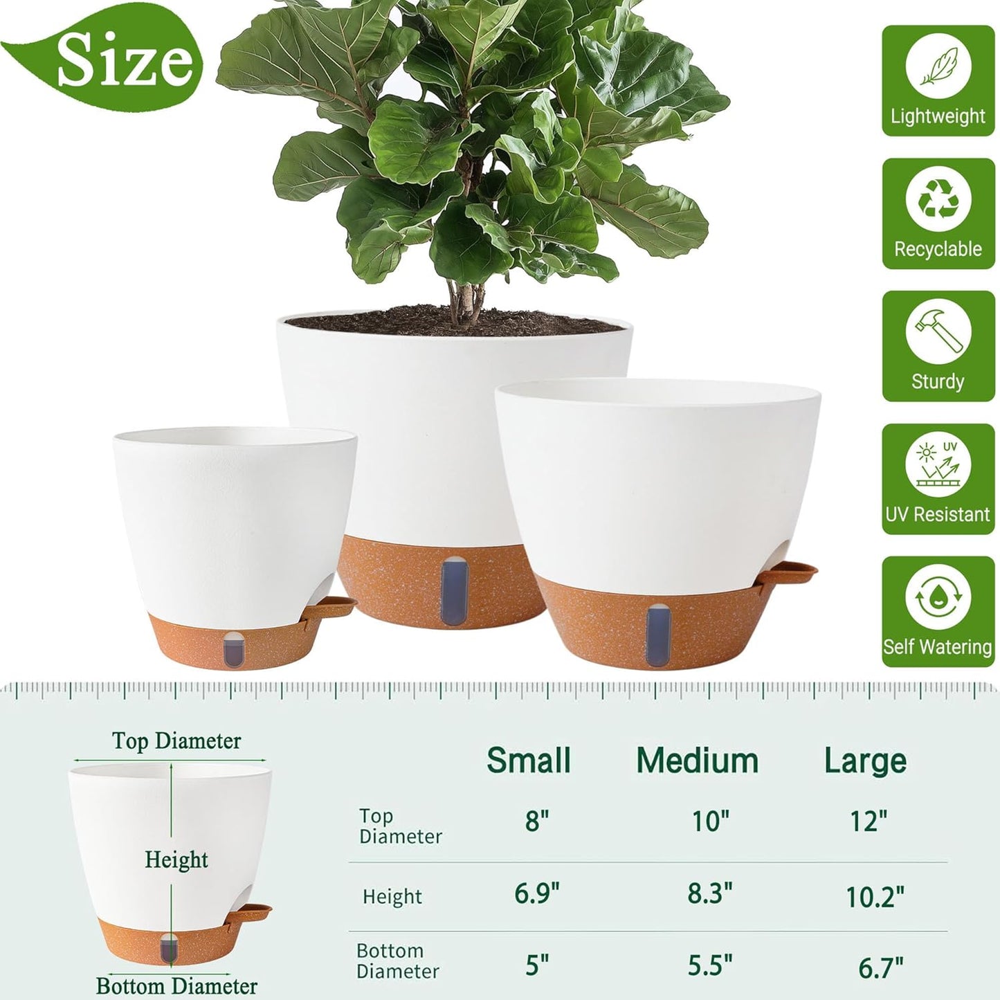 8/10/12 Inch Self Watering Pots for Indoor/Outdoor Plants - Large Plastic Planter with Drainage Holes, Water Level Indicator & Deep Reservoir, Modern Decorative Flower Pots (White)-VerdiqueGarden