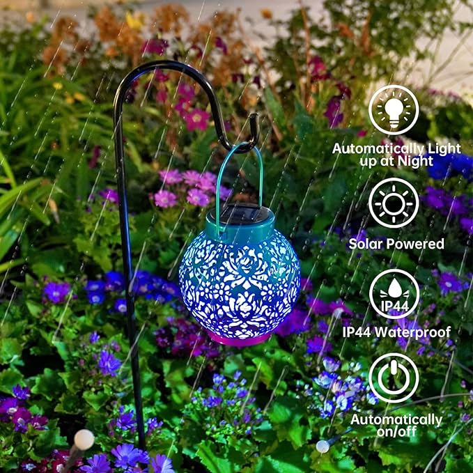 2 Pack Outdoor Solar Hanging Lantern Lights Metal LED Decorative Lamp for Garden Patio Courtyard Lawn and Table with Hollowed-Out Design (Royal Purple)-VerdiqueGarden