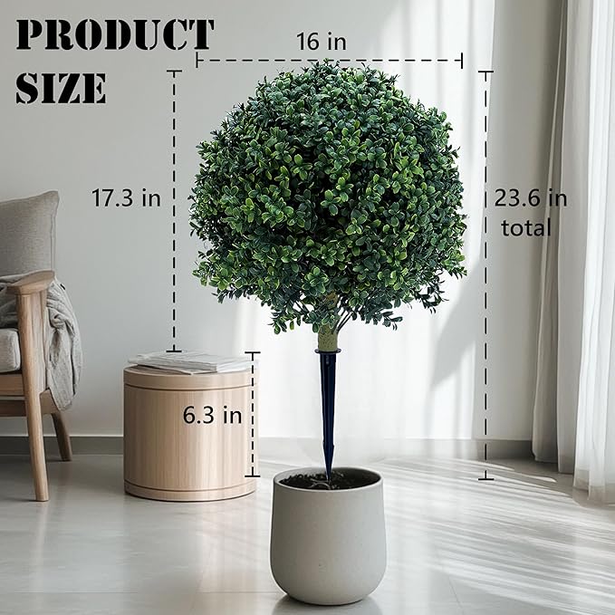 23.6 Inches Set of 2 Artificial Boxwood Topiary Ball Tree with Ground Spike, Faux Bushes UV Resistant Faux Greenery Shrubs, Fake Boxwood Plants for Indoor, Front Porch Decor, Garden, Yard-VerdiqueGarden