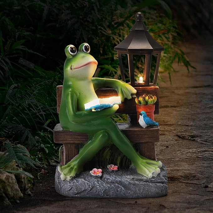 Outdoor Resin Reading Frog Statues, Solar Frog Garden Statues, Garden Frogs Outdoor Decor for Lawn, Balcony, Yard Decoration, Frog Gifts for Mom, Grandma, Wife-VerdiqueGarden