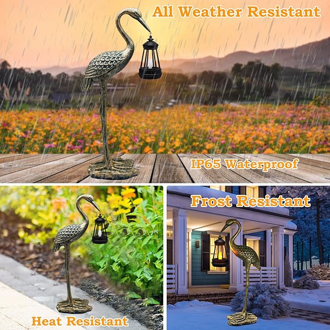 Solar Garden Statue Crane Figurine, Outdoor Hanging Solar Lanterns, Blue Heron Sculpture Statue for Patio, Yard, Lawn, Porch, Garden Decor for Outside Gifts for Christmas Mom, Women, Mother's Day-VerdiqueGarden